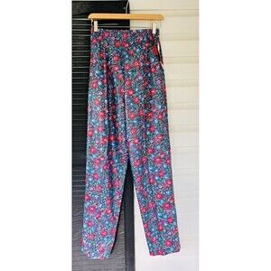 VTG 90s Womens Pull On Elastic Bright Pansy Floral Tapered  Pant Trouser Sz Sm